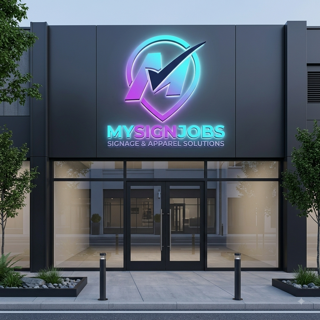 Same storefront with an AI-rendered illuminated Mysignjobs.com sign